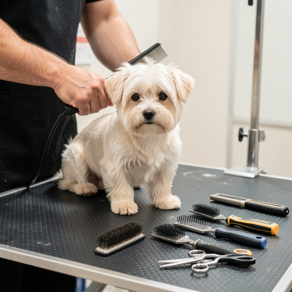 Profesionalni groomer češlja malog york terira na stolu za negu sa setom profesionalnih četki i škara
