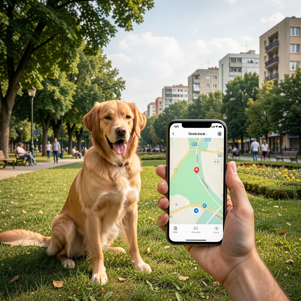 GPS tragač za psa prikazan uz pametni telefon sa aplikacijom za praćenje lokacije, korišćen u urbanom parku u Beogradu