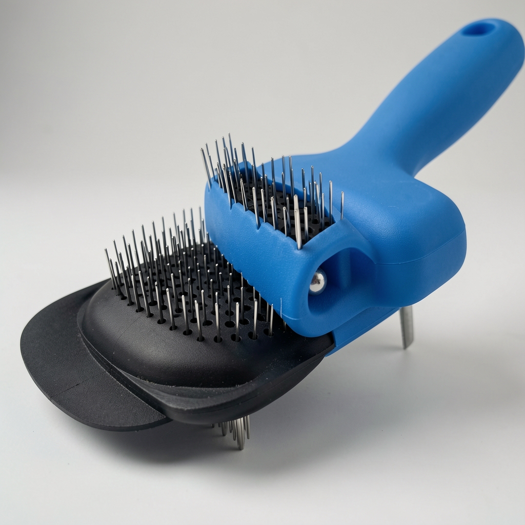 Profesionalna slicker četka za pse sa ergonomskom plavom ručkom i finim metalnim zupcima na crnoj podlozi