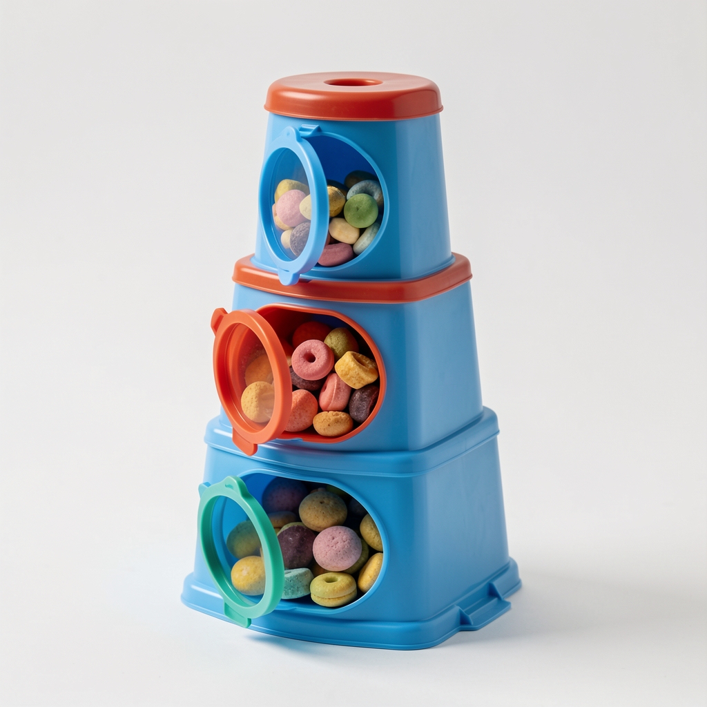 Plava plastična puzzle igračka za pse u obliku tornja sa tri nivoa težine i obojanim poklopcima za skrivanje poslastica