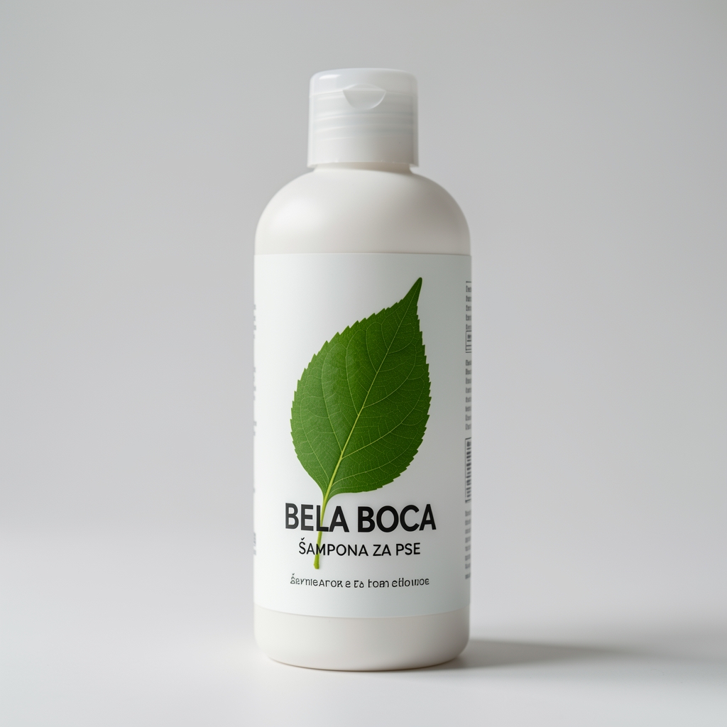 Bela boca šampona za pse sa zelenim listom na etiketi, oznake 'bez sulfata' i 'prirodni sastojci', 500ml