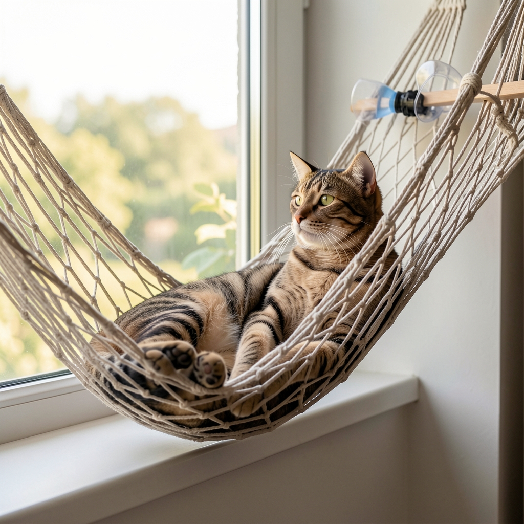 Visećа hammock mreža za mačku pričvršćena za prozor vakuumskim čašicama, mačka leži i gleda napolje