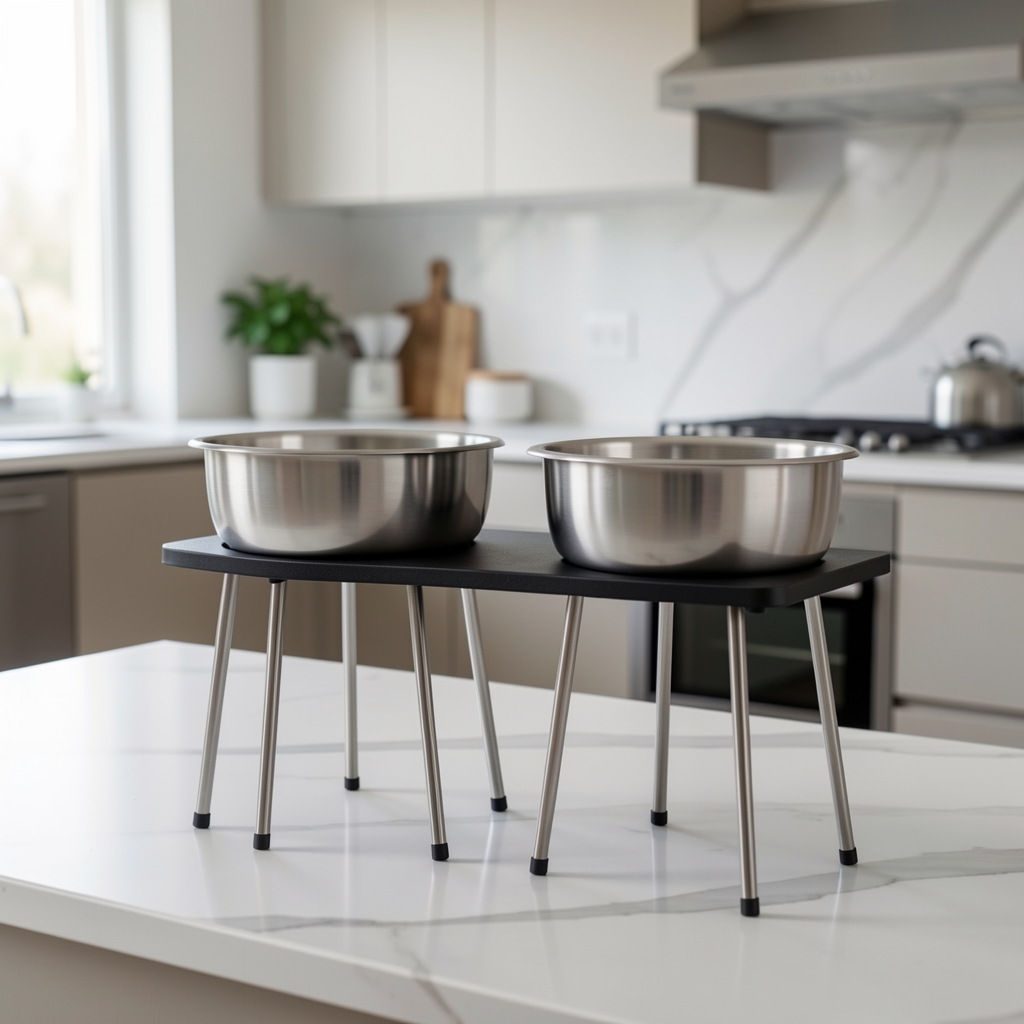 Set dve srebrene inox posude za psa na crnom nosaču sa metalnim nogama, podesiva visina, moderna kuhinja